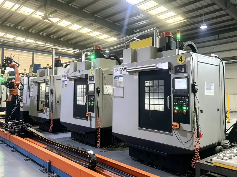 Fully‑automated production line consisting of multiple vertical machining centres and 7‑axis robot transport system, for serial machining of aluminium forged components.webp